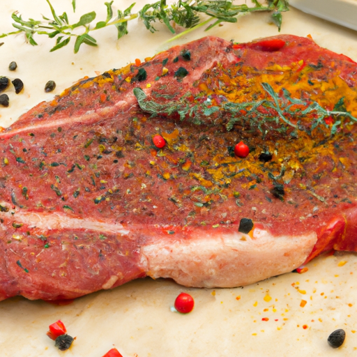 A lean cut of steak with herbs and spices, ready to be cooked