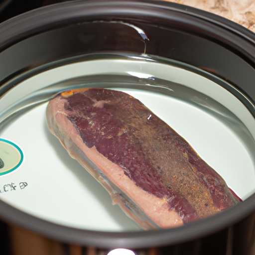 A sous vide steak being cooked in a water bath