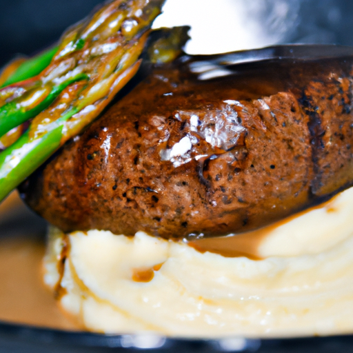 Tender filet mignon cooked to perfection in a skillet with garlic butter, accompanied by mashed potatoes and asparagus.