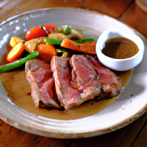 A mouth-watering grilled steak served with vegetables and sauce